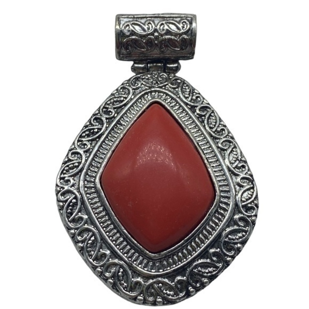 Red Coral Gemstone Sterling Silver 925 Pendant 2 5/8in